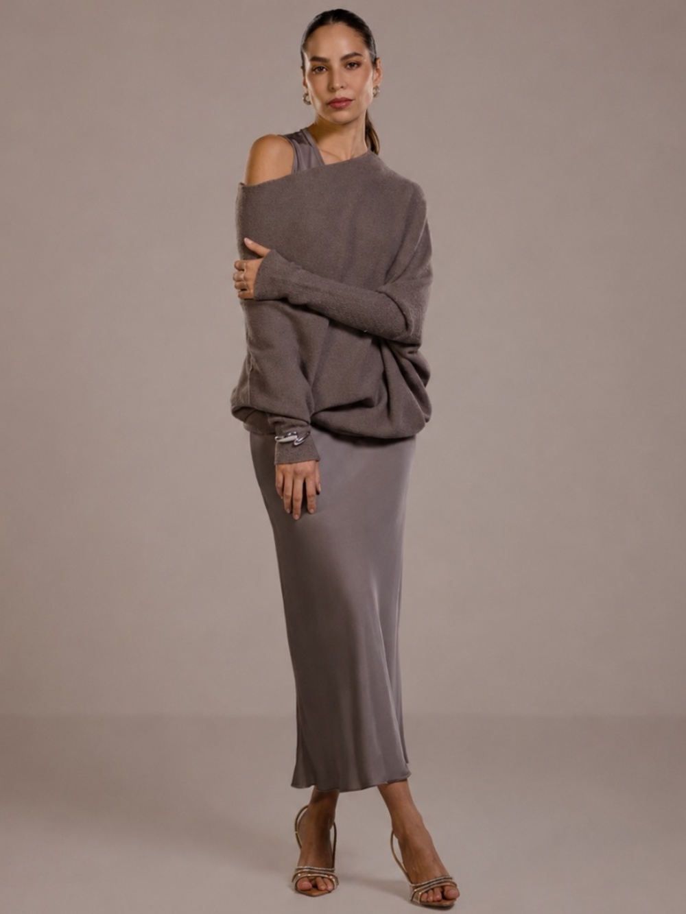 JAKI London Asymmetric Draped Italian Knit Sweater Mink S/M - Picture 6 of 10